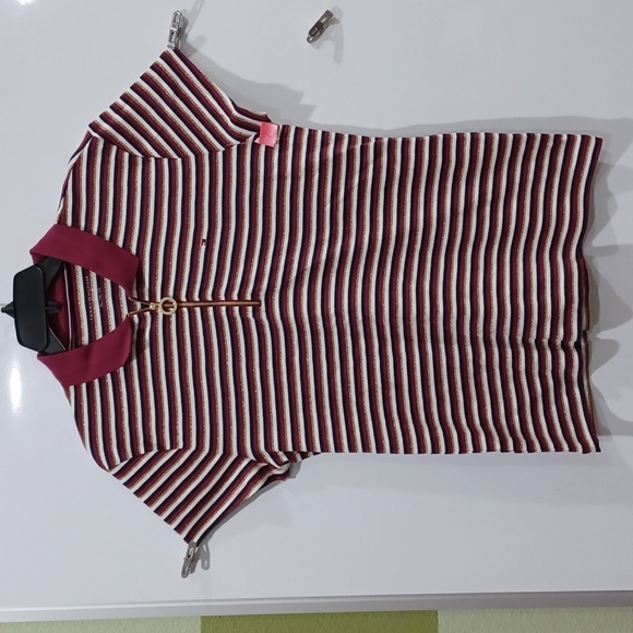 Tommy Hilfiger Wmn's XL Striped Quarter Zip Maroon/gold Polo Shirt - Picture 1 of 7